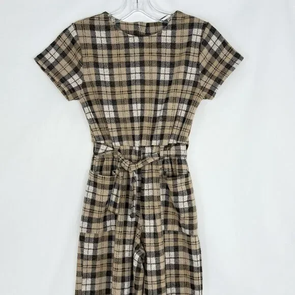 ZARA GIRLS PLAID Brown belted jumpsuit coversuit Size 10 Short Sleeve - Picture 7 of 16